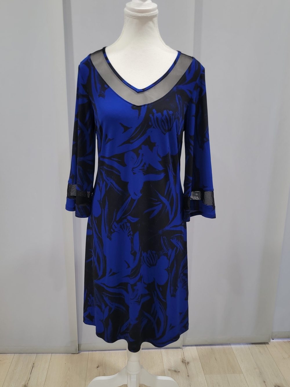 Joseph Ribkoff Royal Blue and Black Floral V-Neck Dress